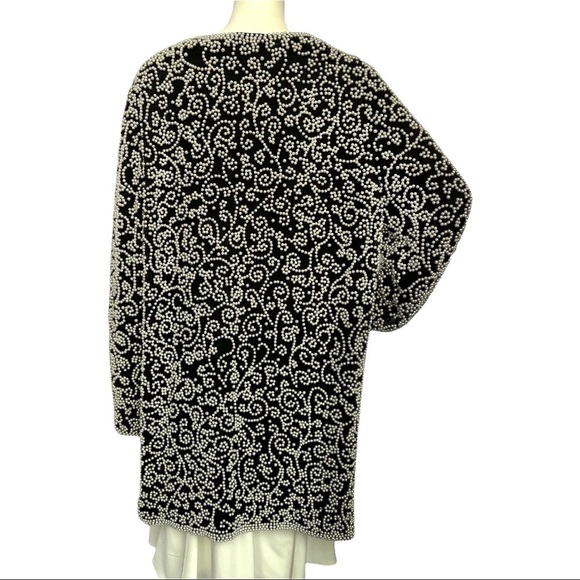 Beaded Silk Open Jacket All Over Pearl Embellished Formal Vintage Women Size L - Picture 4 of 10